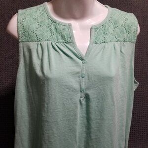 Como Vintage Blouse Women's Large Green Sleeveless V Neck Lace